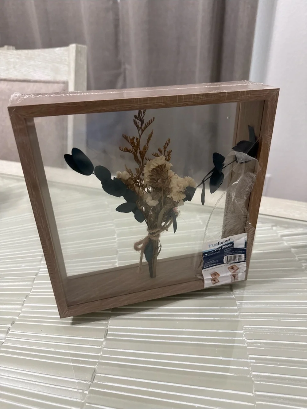 Rustic Wooden Shadow Box with Preserved Cream Floral Bouquet